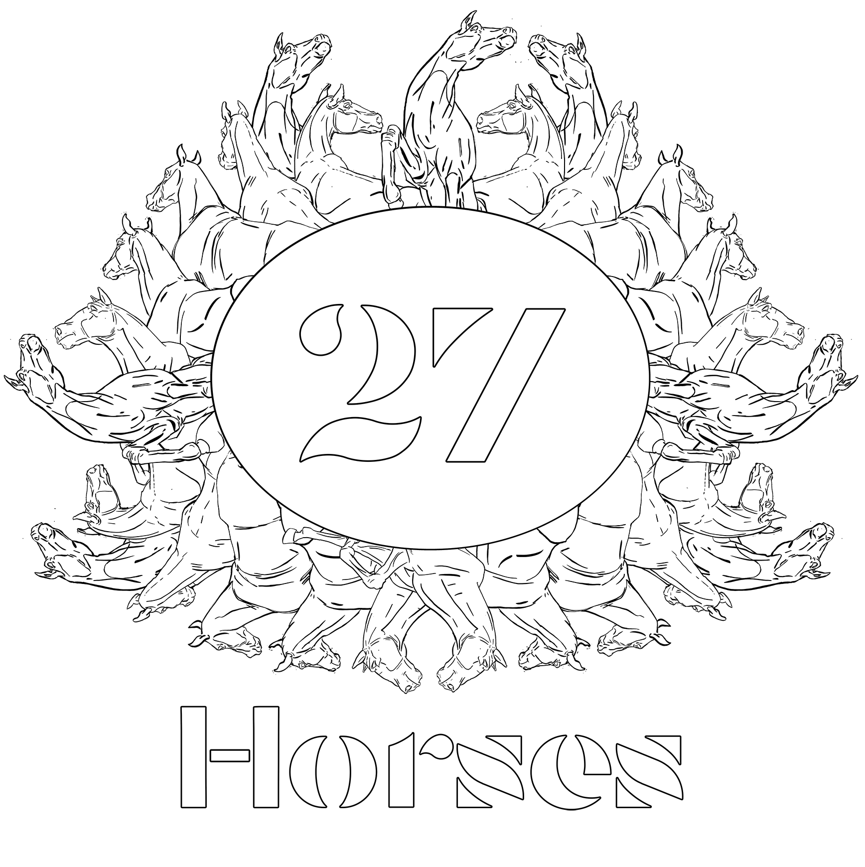 27 HORSES emblem: a horse drawn in fine engraved line