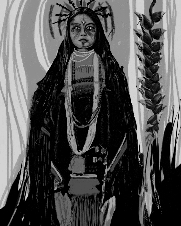 A figure in ceremonial dress, drawn in engraved line